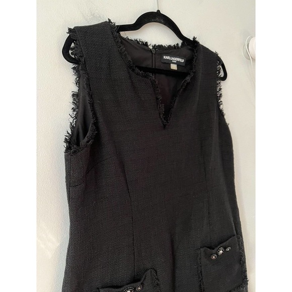 Karl Lagerfeld Black Tweed Fringe Knee Length Sheath Pocket Dress Womens Size 12 - Picture 3 of 7